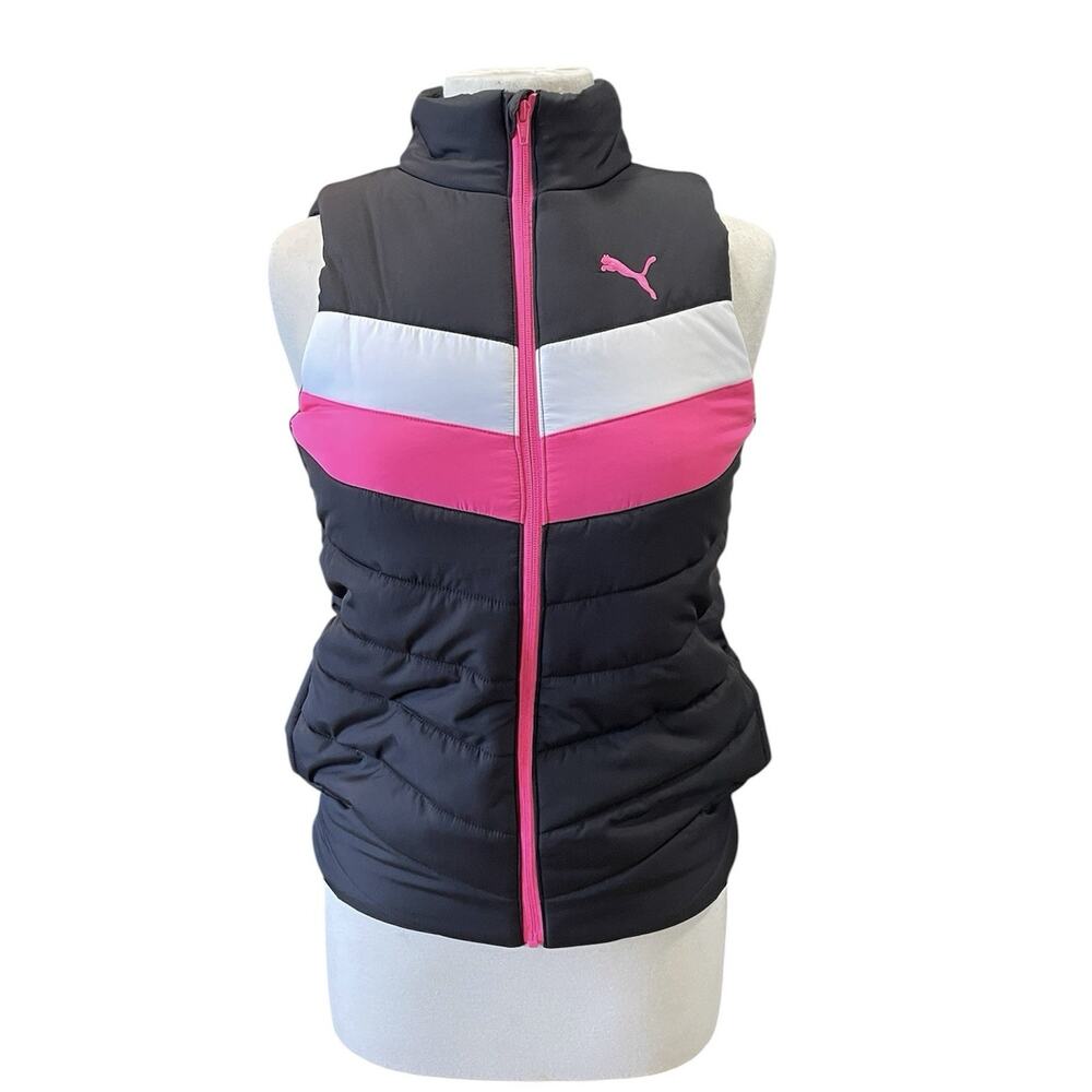 Puma Puffer Vest Women’s Black Pink Zip Up Lightweight Jacket Size Medium 10/12
